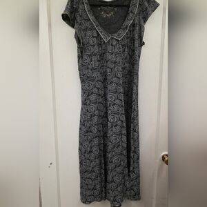 Stewart + Brown Organic Cotton Dress Large Gray Roses Peter Pan Collar A-line
